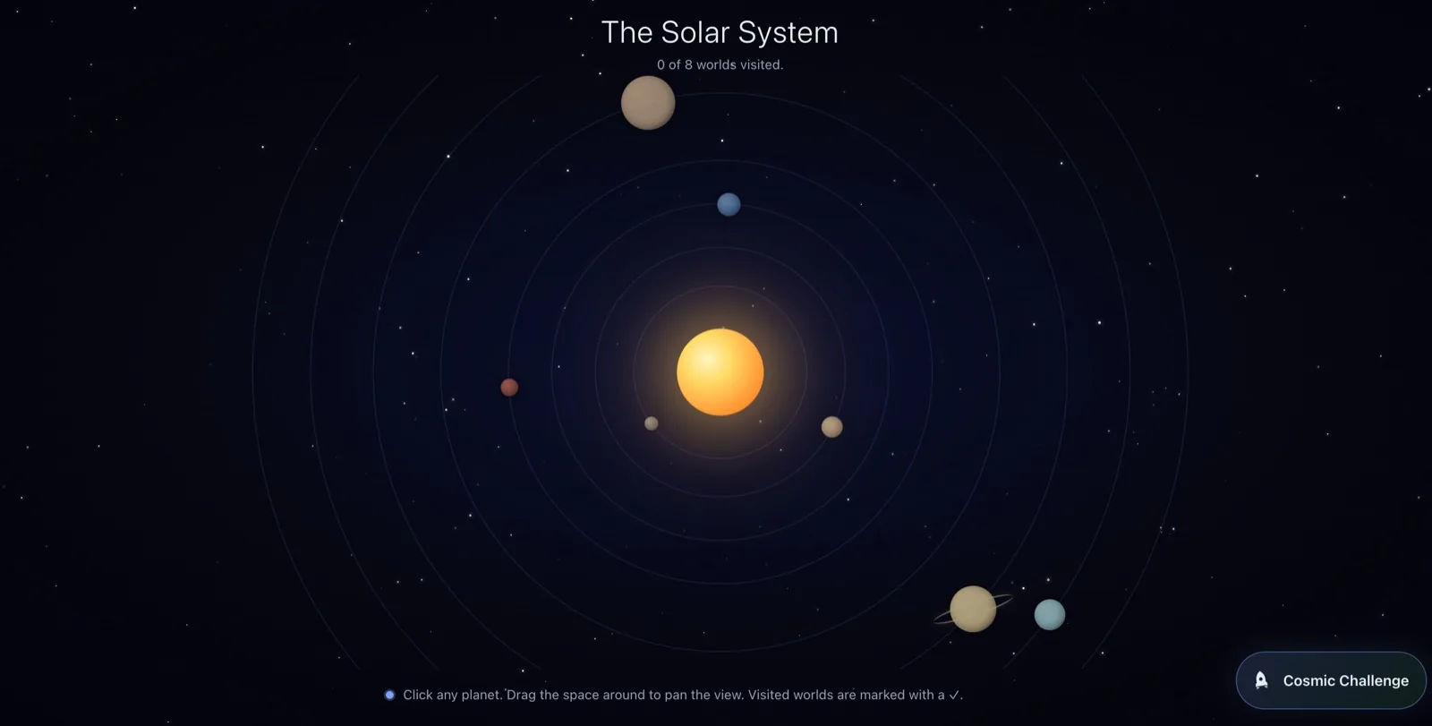 Screenshot of the Solar System demo: a stylized sun with eight orbiting planets on a dark starfield, with a 'Cosmic Challenge' button in the corner.