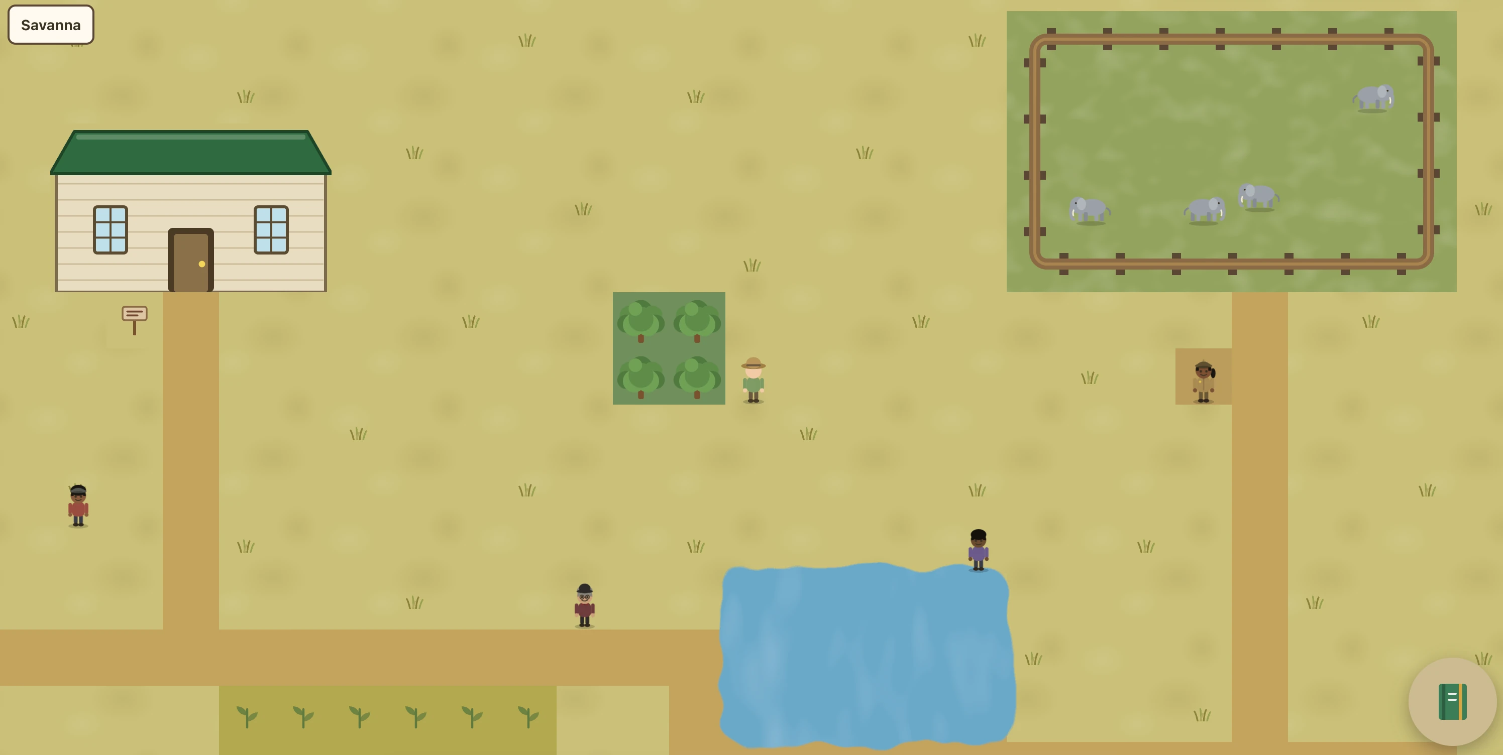Screenshot of the Zoo Quest demo: a top-down savanna zoo map with a fenced elephant enclosure, a keeper's hut, a watering hole, patches of tall grass, and several visitors walking the paths.
